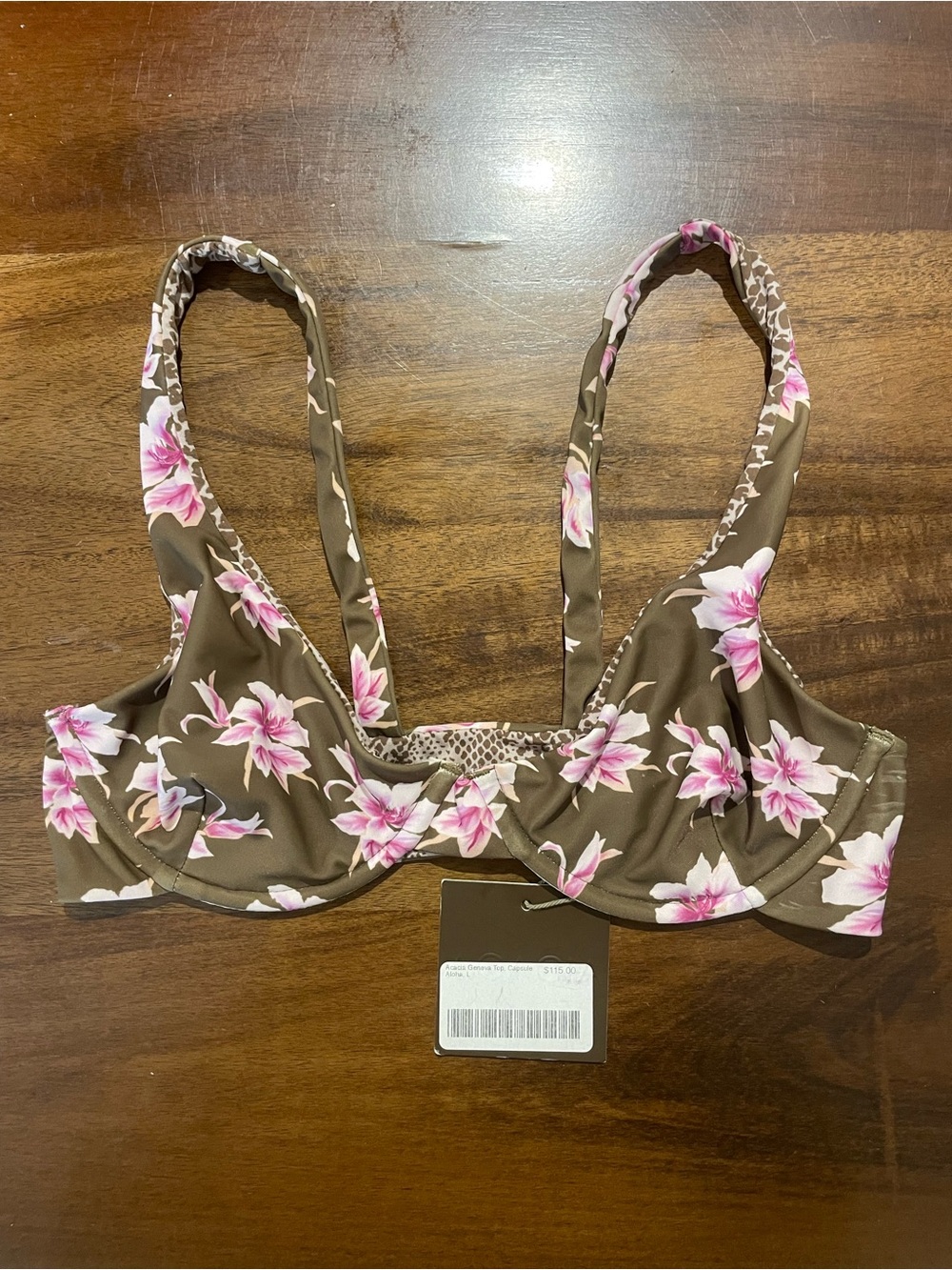 acacia swimwear Brown Floral Underwire Bikini Top with Pink Blooms